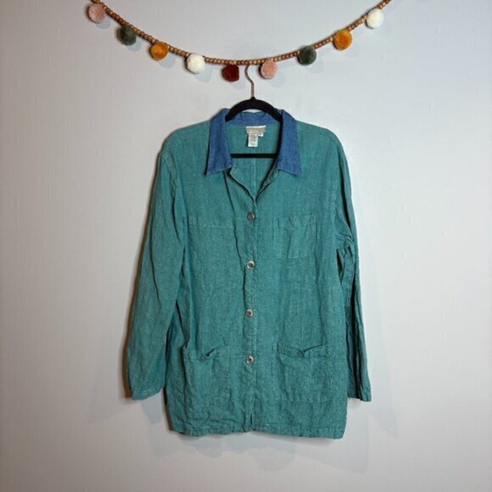 Cottagecore linen teal button down tunic jacket